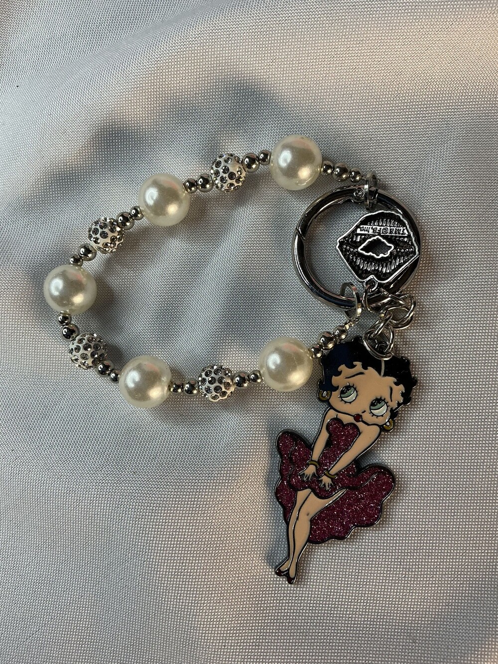 ★ Betty Boop Pearl Beaded Bracelet Keychain Bag Charm Red Glitter Silver Toned r